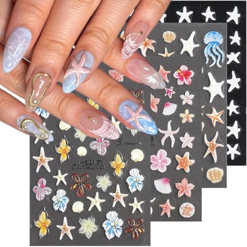 CharmeFleur 5D Relief-Ozean-Nagel-Sticker, autocollants fleurs d'hibiscus d'été pour l'art des ongles, décals de fleurs autoadhésives, étoiles de mer, coquillages, méduses, stickers tropicaux pour