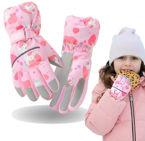 Skihandschuhe Kinder Wasserdicht Winter Ski Handschuhe für Mädchen Jungen 4-12 Jahre, Fleece Warm Winterhandschuhe, PU Palme Winddichte Schneehandschuhe für Skifahren Snowboarden Rodeln Radfahren