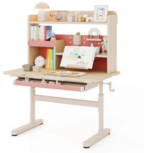 LIFEZEAL Escritorio con Bandeja Reclinable para Niños, Atril Ajustable en Altura, Cajón, Estante y Soporte de Lectura Retráctil, Escritorio de Estudio con Patas de Metal para Niños de 3 a 12 Años