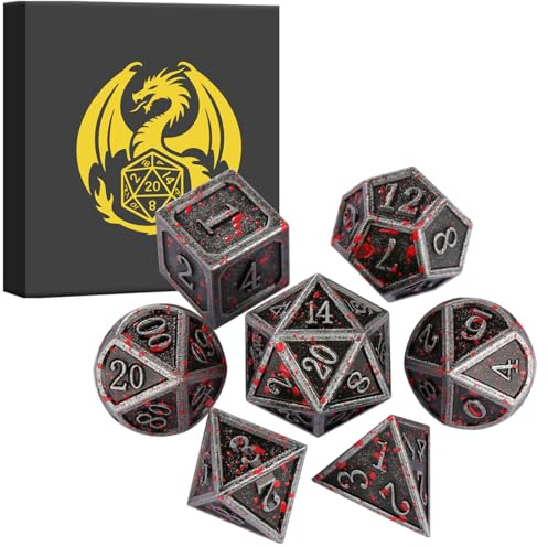 Set di Dadi in Metallo D&D, 7 pezzi di Dadi Poliedrici in Metallo, Accessori per Giochi di Ruolo, Regali DND con Scatola Regalo, D20, D12, 2 D10 (00-90 e 0-9), D8, D6 e D4, Argento Macchiato di Sangue
