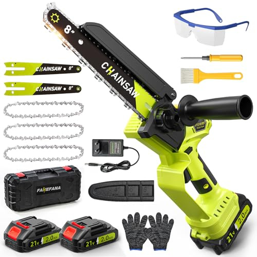 Mini Motosierra Bateria, Motosierra Eléctrica 8 Pulgadas 1300W Sin Escobillas 2*2000mAh Baterías, Lubricación Automática, Ajuste sin Herramientas, Motosierra de Mano para Podar Árboles de Jardinería