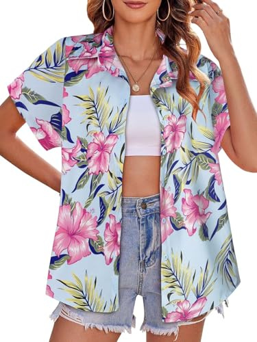 Gosunny Chemise hawaïenne d'été à manches courtes pour femme | Tissu léger et respirant, t-shirt de plage ample avec poches, chemisier décontracté pour des tenues décontractées