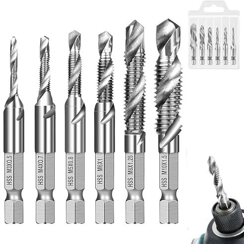 6 Pièces forets et tarauds 1/4'' HSS M3 M4 M5 M6 M8 M10 Tarauds à changement rapide avec revêtement antirouille Tarauds combinés à queue hexagonale Convient pour le métal, le bois et le plastique