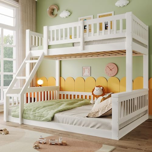 Gxffipw Etagenbett 2 Kinder Kinderbett 90x200 & 140x200 cm mit Leiter und Rausfallschutz, Hochbett Stockbett mit Minimalistisches Design, Holzbett Bettgestell mit Lattenrost, Weiß, Ohne Matratze