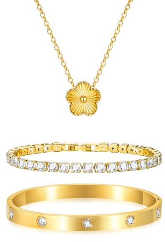 3 Stück Kleeblatt Armband Damen Gold, 18K Stapelbare Fünfblättriger Kleeblattschmuck Set, Halskette Tennis Armbänder, Edelstahl Armreif Zirkonia, Glückssymbolgeschenke Den Alltag Geburtstage Jahrestag