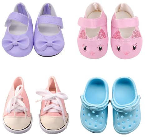 4 Paar Puppen Schuhe Zubehör Set, 14-18 Zoll Bunte Puppenzubehör mit 1 Hasenschuhe 1 Lederschuhe 1 Sandalen 1 Leinenschuhe, 35-45cm Puppe Zubehör für Baby Puppen, Puppenschuhe Geschenk für Mädchen