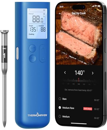 ThermoMaven Smart Bluetooth Fleischthermometer kabellos, Sub-1G Signalstabilität, Display-Basis, zertifizierte Genauigkeit ±0,3 °C, WLAN-Reichweite für BBQ, Ofen, Räucherofen, Grill, Leuchtblau