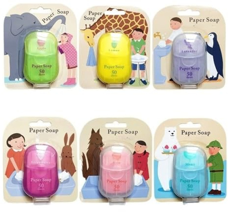 Lot de 6 feuilles de savon en papier de voyage portables, parfums assortis, 50 feuilles par paquet, étui compact