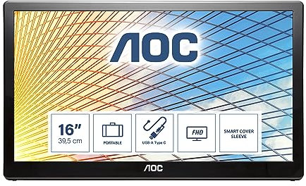 AOC E1659Fwu - 16 inch FHD 1080p Portable monitor, USB 3.0, Auto Pivot, Carry case, Vesa wall compatible, BLACK