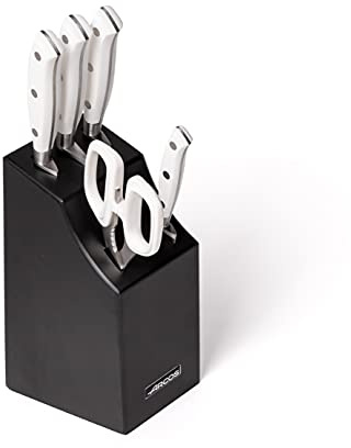 Arcos Set Cuchillos Forjados 5 piezas - Acero Inoxidable y Hoja mm. 3500 gr. Mango ergonómico Polioximetileno POM. Serie Riviera Blanc. Hoja delgada con un Borde Suave característico. Color Blanco. | Hoja delgada de borde suave. Mango ergonómico de POM. Serie Riviera Blanc. Color blanco.