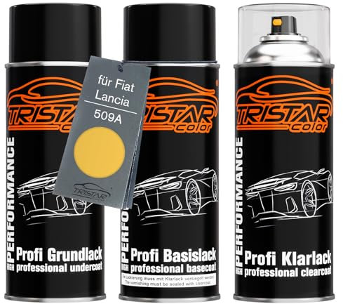 TRISTARcolor Vernice per auto Kit bombolette spray per Fiat/Lancia 509A Giallo Birichino/Tropicalia Gelb vernice di fondo, di base, trasparente
