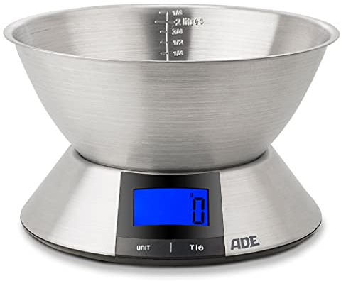 ADE Digitale Küchenwaage mit Schüssel KE1702 Hanna. Elektronische Schüsselwaage mit Schüssel aus Edelstahl (spülmaschinengeeignet) zum präzisen Wiegen bis 5 kg. Farbe: silber