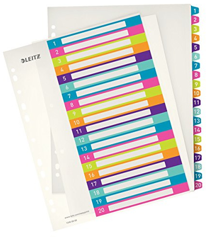 Leitz A4 Register, Trennblätter, Beschriftbares Deckblatt,WOW, Mehrfarbig (Zahlen 1-20 | 10er Pack)