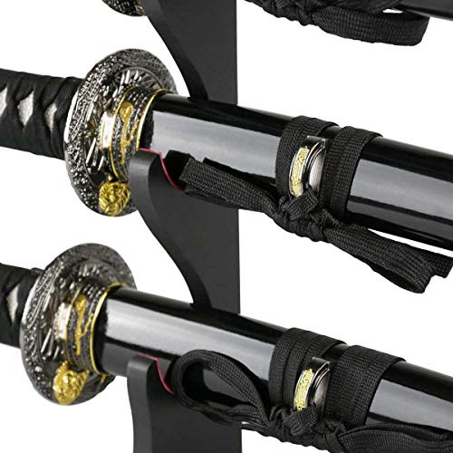 Katana Wakizashi Tanto Black Tiger Samuraischwert Set Deko stumpf mit Schwertständer und Zubehör