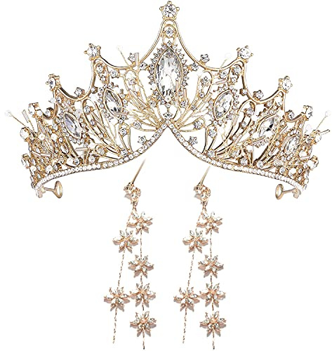 Moonight Wedding Crown for Bride Rhinestone Princess Tiara for Women Prom Queen Crown Pageant-Bridal Wedding Crown Handmade Hair Accessories Rose Gold Crown (Golden Crown Earring Necklace 3pcs)