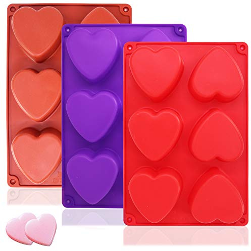 3 Packs 6 Cavities Heart Shaped Silicone Mold (Purple, Red, Brown), findTop Baking Mold Cake Pan, Biscuit Chocolate Mold, Ice Cube Tray, Soap Mold