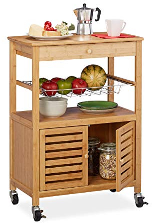 Relaxdays Küchenwagen Bambus, Arbeitsplatte, Schrankfach & Korb, Servierwagen mit Rollen, HBT: 82 x 59,5 x 35 cm, natur
