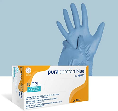 AMPRI Nitrilhandschuhe, blau, 100 Stück/Box, Größe M, puderfrei, Puracomfort blue: Nitril Einmalhandschuhe, Einweghandschuhe in den Größen XS, S, M, L, XL, XXL