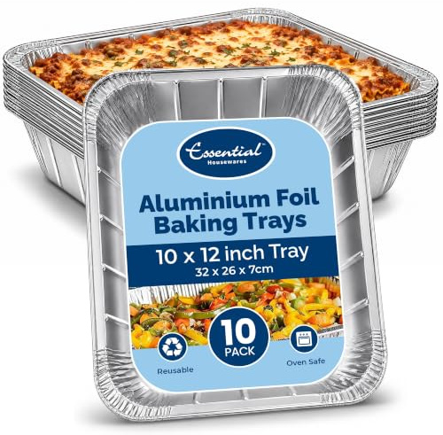 Deep Aluminium Foil Trays for Roasting & Baking, 10 Pack 32 x 26cm, Heavy Duty Disposable Cooking Trays, Foil Containers for Meal Prep, Cooking, Baking, Roasting, BBQ Grills, Oven and Freezer Safe.