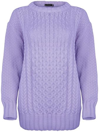 Generation Fashion Nueva sudadera de punto de aran para mujer, manga larga, cuello redondo, cable de punto, 8-30, Lila, 44-46 Grande