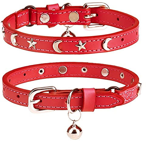 DILLYBUD Leder Katzenhalsband mit Sicherheit elastischen Gürtel und Glocke für Mädchen und Jungen, Rot, 20-30 cm