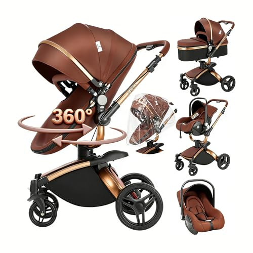 Magic ZC 360° roterande PU-läder 3-i-1 barnvagn, barnvagn med dubbelt vändbart läge, kombinationsvagn med ram i aluminiumlegering, stor hopfällbar barnvagn (906 brun)