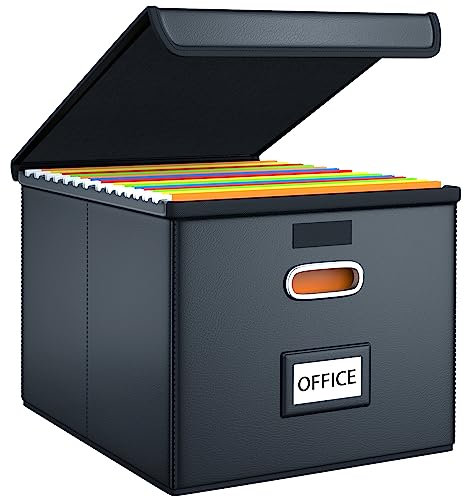 Huolewa Uppgraderad filorganiseringslåda med lock, hopfällbar fuskläder, hängande filmapplåda, organiserare med plastglid, dekorativ hem/kontorsarkiveringssystem för arkiv- och mappförvaring