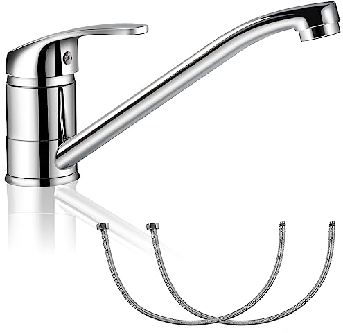 Kitchen Sink Mixer Tap, Single Top Lever Swivel Long Spout Monobloc Hot and Cold Water Kitchen Faucet Chrome Kitchen Tap with 2 Hoses