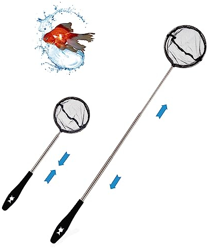 Kescher Aquarium, Aquarium Kescher mit Teleskopstiel, aus rostfreiem Stahl, zum Fangen von kleinen Fischen und Garnelen und zur Reinigung des Aquariums, Teleskop 31-61cm, Schwarz