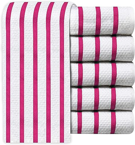 Quick Cleaning Supplies QCS Towels - Vintage Multi-Stripe Jacquard Weave Tea Towel Set - 100% Ring Spun Cotton - Kitchen Dish Cloth - Super Absorbent - Premium Construction - 44 x 66 cm (Pink, 3)
