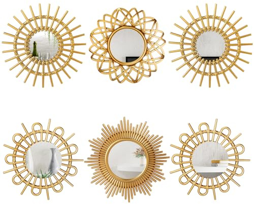 Namalu 6 Stück Wanddeko Spiegel Kleine Kreisform Sonnenspiegel Espejos Dekorative Wandkunst Eingangsspiegel Hängende Kreis Spiegel für Wand Haus Badezimmer (Gold, Elegant)