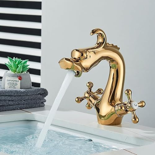 MESKEL Luxury Bathroom Basin Faucet Hot Cold Water Mixer Tap Dragon Style Vessel Sink Faucet 2 Handles Bath Washbasin Crane (Color : Gold A)