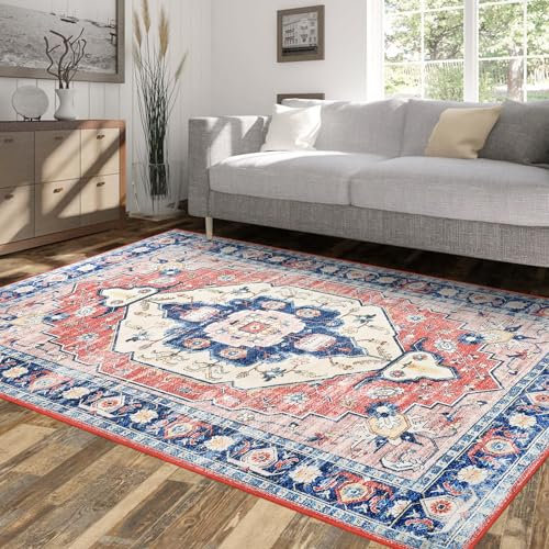 FairOnly Waschbarer Teppich, Vintage, traditioneller Teppich, abgenutzter Teppich, Boho-Stil, weich, Vintage, große Teppiche für Wohnzimmer, Schlafzimmer, Küche, Esszimmer, niedriger Flor,