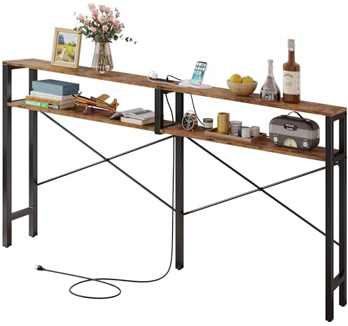 IRONCK Console Table with Power Outlet, Long Sofa Table with Shelves and X-Shaped Design, Narrow Sofa Entryway Behind Couch Table for Living Room and Hallway, Vintage Brown