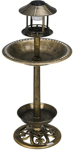 Outsunny Vogeltränke Stehend, Vogelbad aus Kunststoff mit Solarleuchte, Vogelfutterspender, Vogelbecken mit Blumensockel, Wildvogeltränke für Garten, Balkon, 110 cm Höhe, Bronze