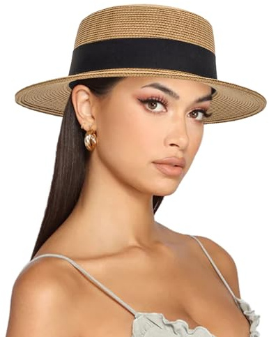 INOGIH Chapeau de soleil d'été en paille – Chapeau de plage Fedora Panama à large bord pour homme et femme, Kaki avec bande, M