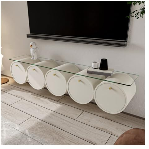 TV-Ständer TV Schrank Kreativer schwebender TV-Ständer zur Wandmontage mit Glastischplatte, schwebender TV-Schrank, moderne schwebende Medienkonsole mit 5 Schubladen, Schrank for Wohnzimmer, Schlafzim