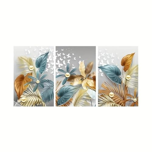 NXMYDBD 3-teiliges Wandbild mit goldenen Blättern und Schmetterlingen, Leinwandmalerei, nordische Poster und Drucke für die Dekoration des Wohnzimmers, 70x90cm (28x35 Zoll), 3 Stück, ungerahmt