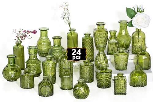 Set di 24 mini vasi da fiori in vetro, per centrotavola, bottiglie vintage per decorazioni da tavola, decorazioni per matrimoni, casa, trasparenti (24, verde)