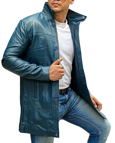 Jild Leder-Trenchcoat für Herren, 3/4-Länge, lässiger Auto-Mantel, Lammfell, lange Lederjacke für Herren, Blue Bristol, X-Large