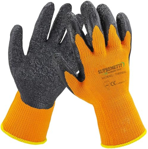 Supreme TTF 12 Pairs Thermal Winter Gloves Orange Latex Rubber Work Gloves Builders Gardening Grip (XL-10)