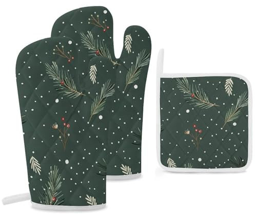 3 Pack Set Oven Mitts Pot Holders for Kitchen Heat Resistant Pot Holders Set Small Pine Branch Cooking Oven Glove with Cotton Lining Non-Slip Extra Thick Oven Mitts