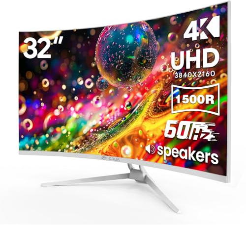 CRUA 32 White Curved Monitor, 4K UHD(3840*2160P) 1500R VA Screen, 60Hz Computer Monitor Supports AMD Freesync, 120% sRGB, Built-in speakers, Blue Light Filter,Wall Mountable Installs(HDMI 2.0/DP 1.4)