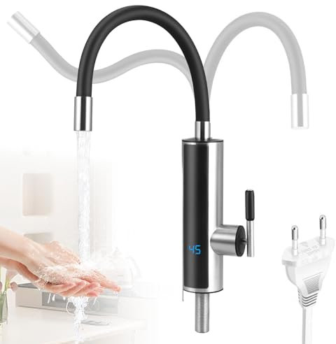 Grifo Eléctrico con Calentador de Agua, 220V 3000W Caliente Instantánea 3s con Pantalla LCD, Acero Inoxidable, Giratorio 360°, para Cocina, Baño, Camper
