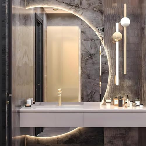 Mirocrafta Specchio da Bagno a Mezzaluna Montato a Parete, Specchio da Trucco Senza Cornice Retroilluminato, con Interruttore Tattile, per Camera da Letto, Soggiorno, Bagno e Ingresso(Left Cut,140*98c
