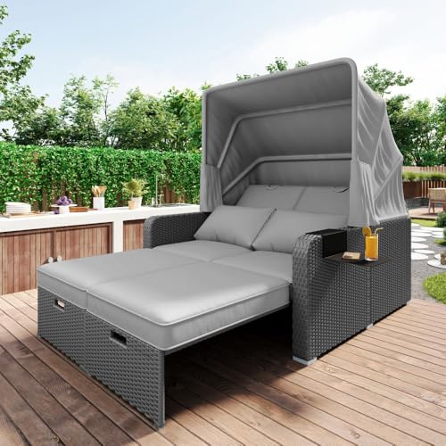 OCACA Polyrattan Gartenmöbel für 2 Personen, Gartensofa, Loungesofa, Abnehmbare Markise,Polyrattan und Schwamm,Grau