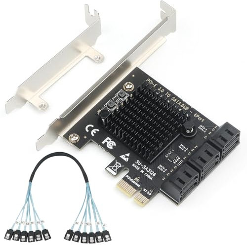 PCIe to 6-Port SATA 3.0 Expansion Card for 4K Video Editing Storage, ASM1166 Chipset, 6Gbps SSD/HDD Adapter with Heatsink, Plug & Play for Windows/Mac/Linux/NAS