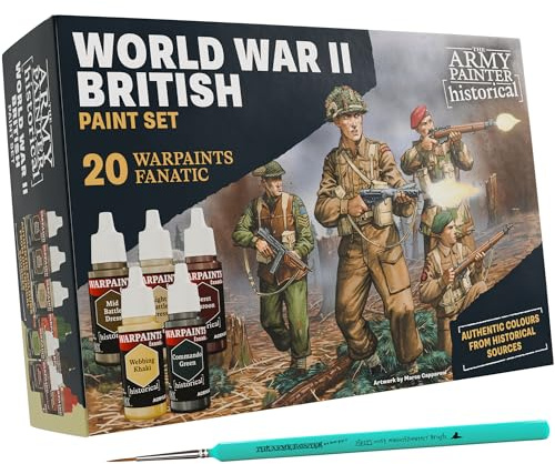 The Army Painter, Historical WWII British Set Combo, 20x18ml Acrylic Paints | Miniature Model Acrylic Paint Set, Incl. Warpaints Fanatic: 14 acrylic, 4 Washes, 1 Effect, 1 Metallic & 1 Dipit Brush
