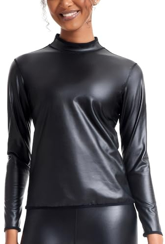 Ausing Chemisier Femme en Cuir Hauts à Col Roulé T-Shirt Brillant Métallique Haut Manches Longues Costume pour la Boîte de Nuit Noir 3XL
