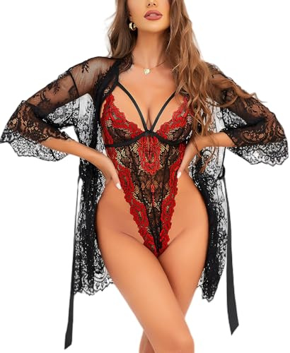 RSLOVE Lencería Sexy para Mujer - Body de Encaje con Bata Conjunto de Ropa de Dormir de Malla Negro Rojo M